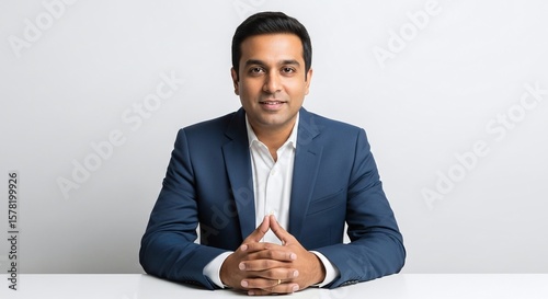 Professional Man Wearing Navy Suit Sitting at Desk in Modern Office