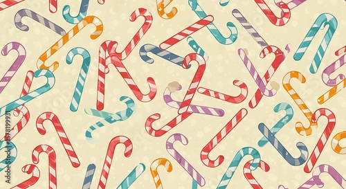 A seamless loop background shows dozens of bright traditional and pastel candy canes tumbling softly in a continuous playful cascade