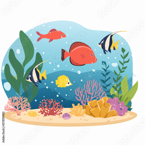 Colorful underwater scene with various fish and coral reefs.