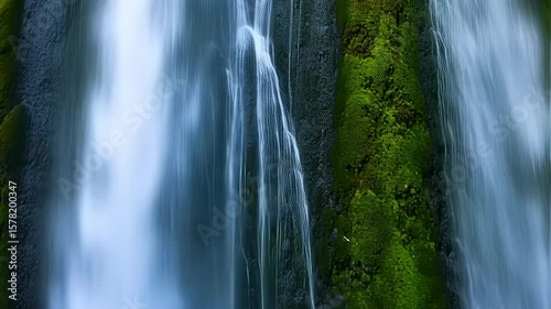 Serene Cascade: Capturing the Tranquility of a Mossy Waterfall with Flowing Water, a Breathtaking