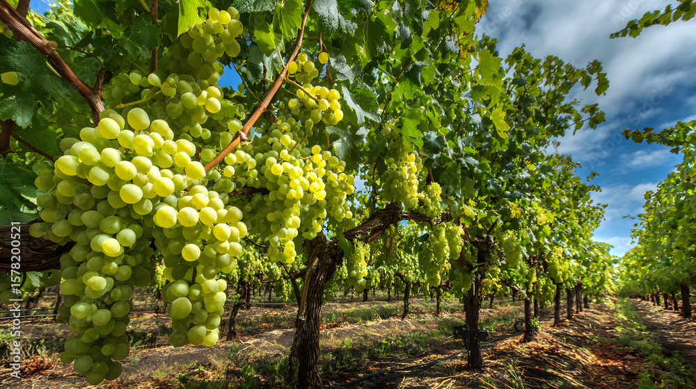Fototapeta premium Sunlit vineyard with abundant clusters of green grapes hanging on branches of trees.