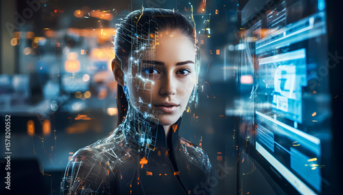 Futuristic female cyborg with transparent robotic parts and glowing circuits in a high-tech lab. Concept of artificial intelligence, transhumanism, and future technology