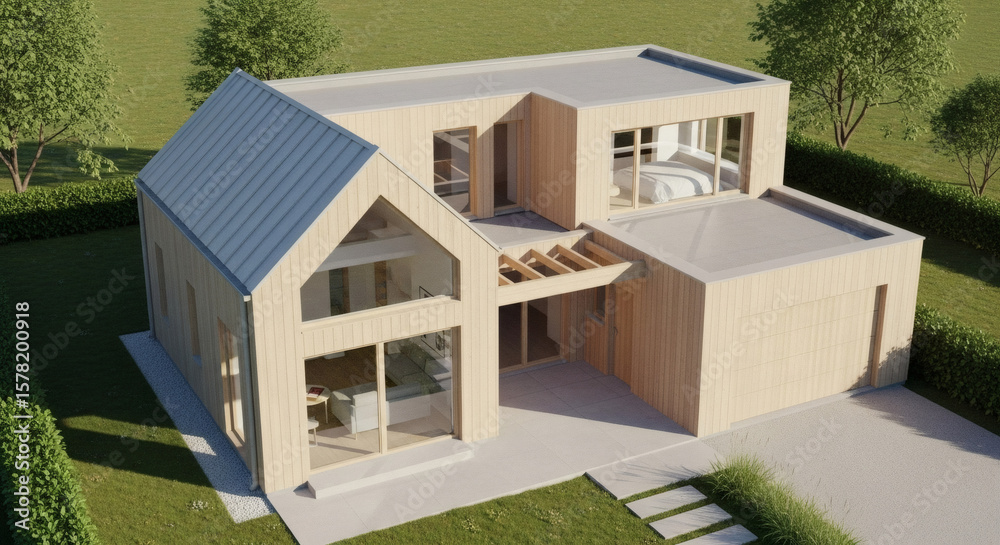 Fototapeta premium Modern Light Beige Wooden House with Elevated Roof and Garage.