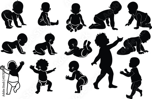 Seamless Pattern of Baby Silhouettes in Various Poses on a White Background