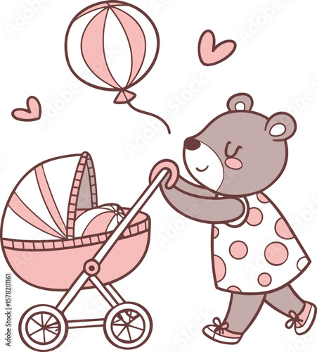 Cute Bear Pushing Baby Stroller with Balloon and Hearts Illustration