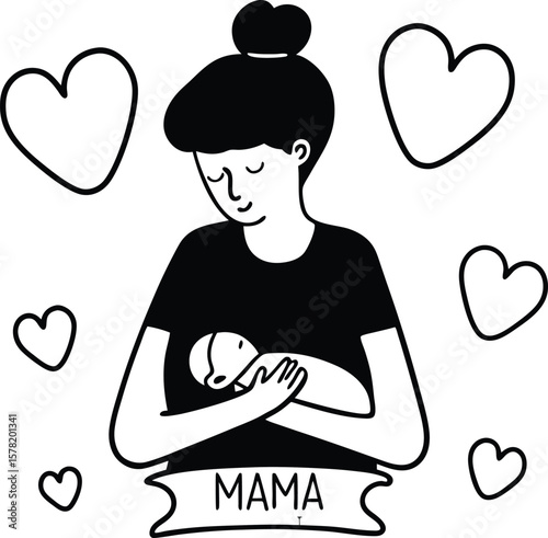 Stylized illustration of mother holding baby with hearts and mama text