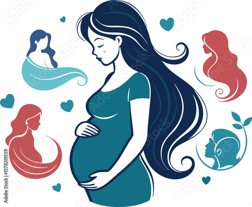 Elegant illustration of a pregnant woman surrounded by feminine silhouettes and hearts