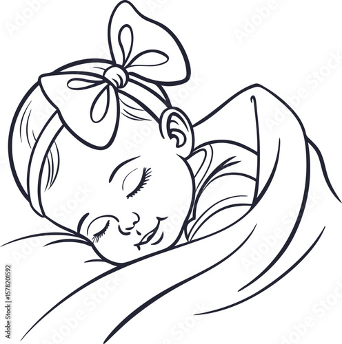 Sleeping baby girl with bow in hair line art illustration vector