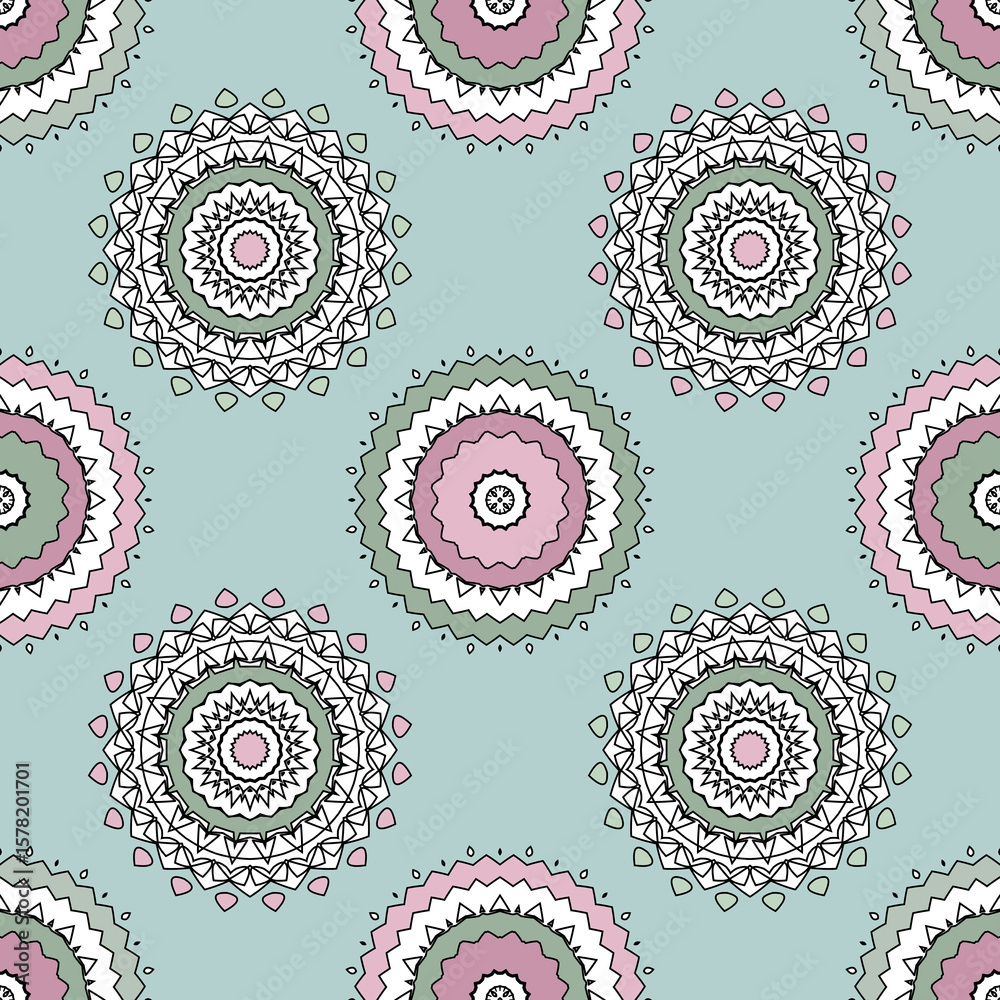 Fototapeta premium Pink turquoise openwork kaleidoscope on a Greenish background