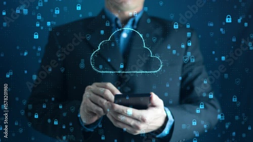 Businessman using smartphone to transfer data to cloud 