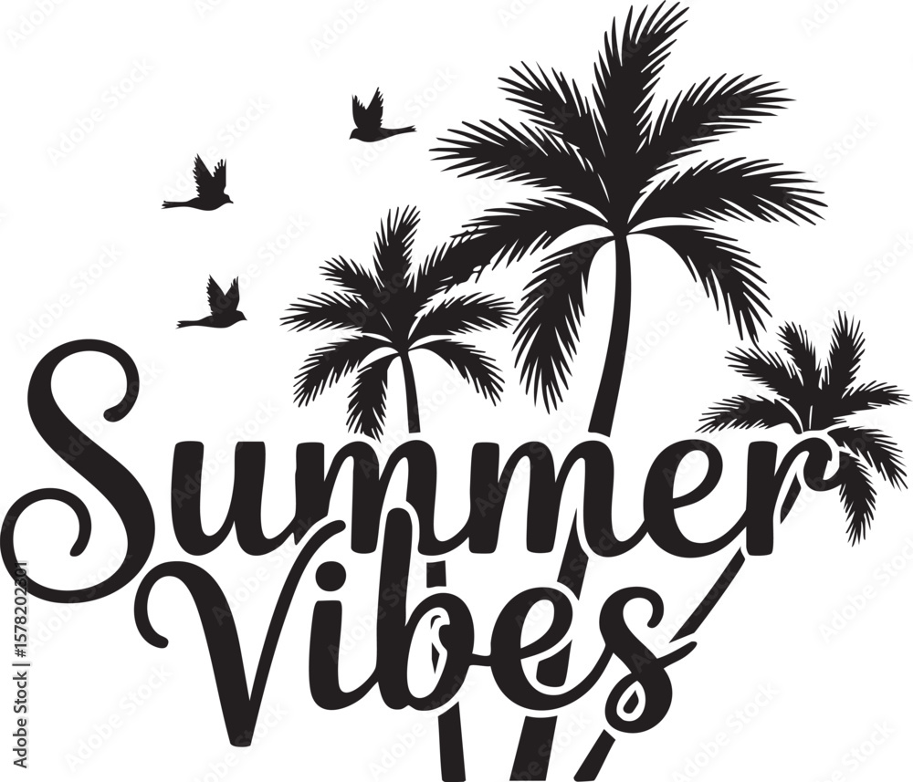 Naklejka premium Summer Vibes Palm Trees, Birds, and Tropical Escape Illustration