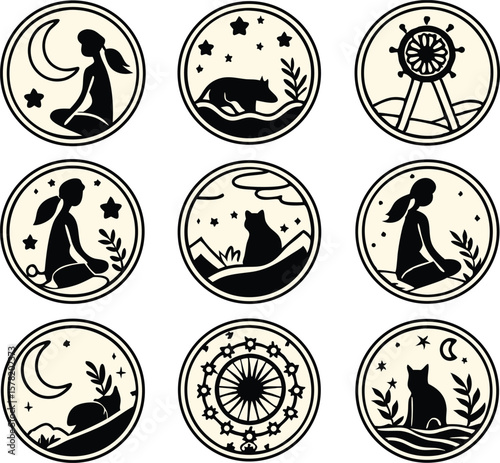 Collection of nine circular black and white nature and spiritual icons