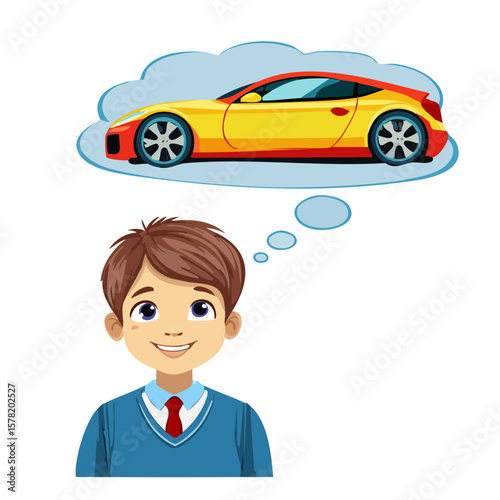 Vector Image:  Dreaming About Something Big - Young  Boy Pictures Buying a Fast Sports Car 03