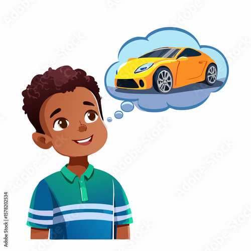 Vector Image:  Dreaming About Something Big - Young  Boy Pictures Buying a Fast Sports Car 02