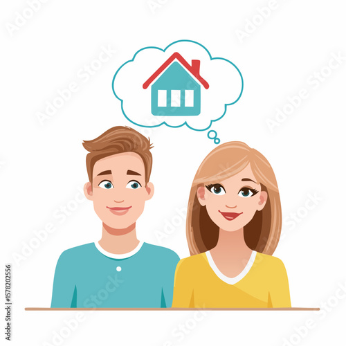 Vector Image:  Dreaming About Something Big - Young Couple Considering Buying Their First Home 01