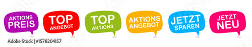 Six promotional labels in German language : Promotional price, top offer, top action, new now, offer offer and save now