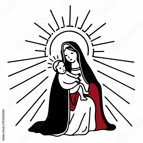 Black and white illustration of Virgin Mary holding baby Jesus, surrounded by grass and a halo.