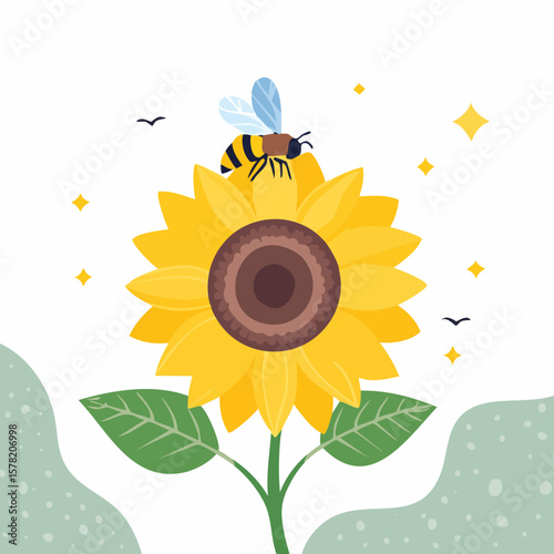 A Vibrant Sunflower with a Honeybee in a Simple Style