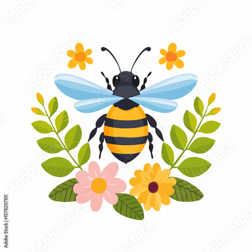 Cute Cartoon Bee with Delicate Flowers and Leaves