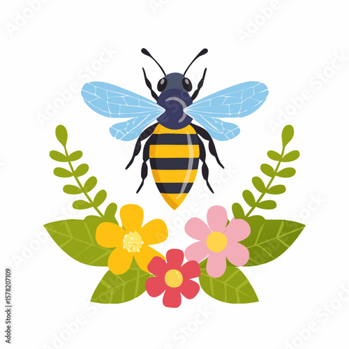 Cartoon Bee with Blue Wings Hovering Above Colorful Flowers and Green Leaves