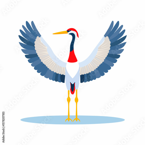Elegant Crane with Outstretched Wings, Vivid Red Neck, and Yellow Legs