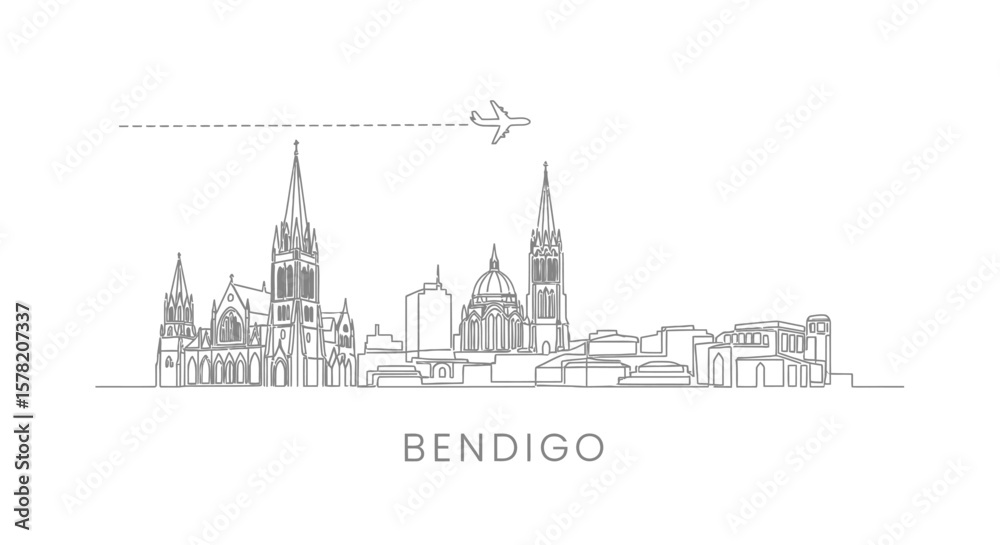 Fototapeta premium Bendigo Skyline Silhouette with Travel, and Airplane.