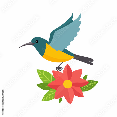 Vibrant Hummingbird Hovering Near a Red Flower