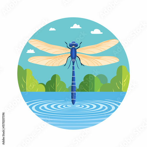 Vibrant Blue Dragonfly Atop Rippled Water in a Peaceful Landscape