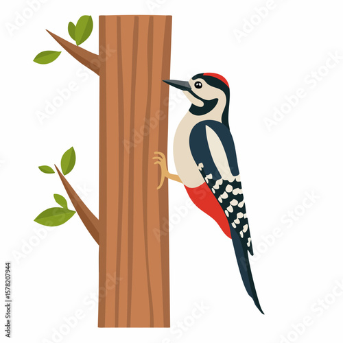 Great Spotted Woodpecker Perched on Tree Trunk with Green Leaves