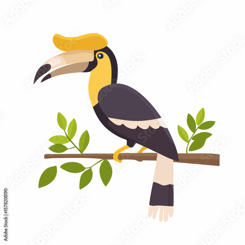 Great Hornbill Perched on Branch with Lush Green Foliage