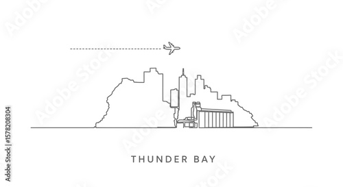 Thunder Bay skyline with plane travel, and line art.