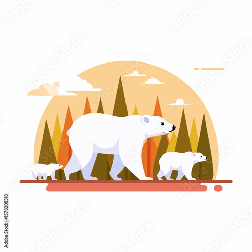 Polar Bear Mother and Cub in Autumnal Forest Scene