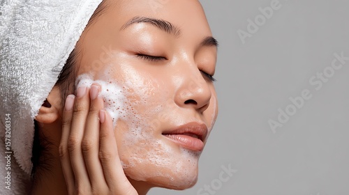 Woman Face Wash with Foam and Towel