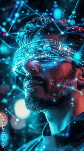 futuristic businessperson uploading thoughts into a digital AI network through a wearable headband