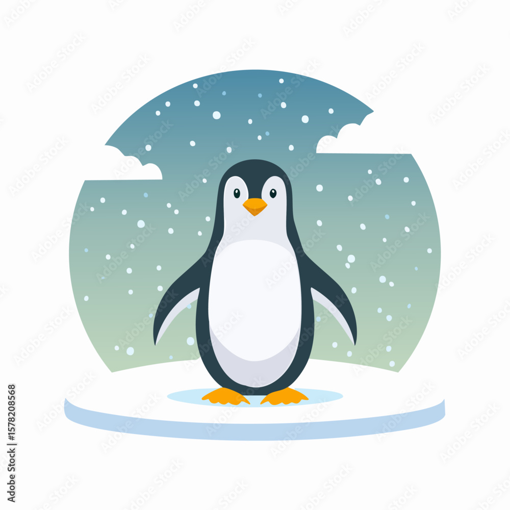Obraz premium Cute Cartoon Penguin on Ice Floe Under Snowy Sky