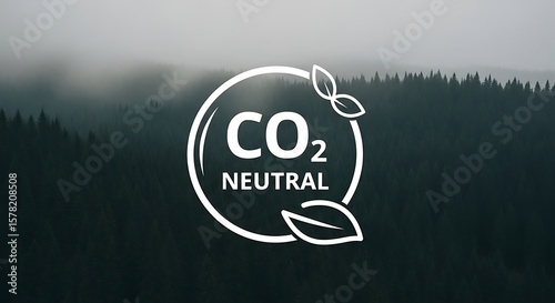A CO2 Neutral graphic overlay on a misty evergreen forest environment, Environmentally conscious forest management symbol