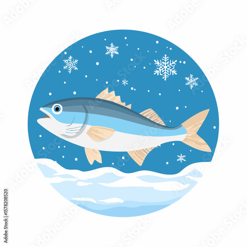 Cartoon Fish with Open Mouth in Winter Scene with Snowflakes