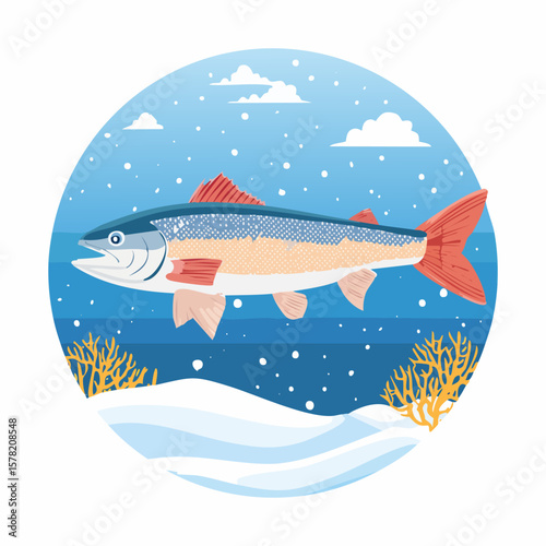 Vibrant Illustration of a Majestic Salmon in a Wintery Underwater Scene