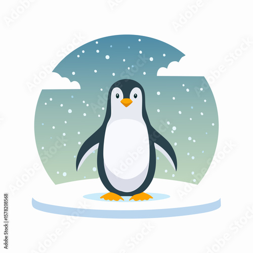 Cute Cartoon Penguin on Ice Floe Under Snowy Sky
