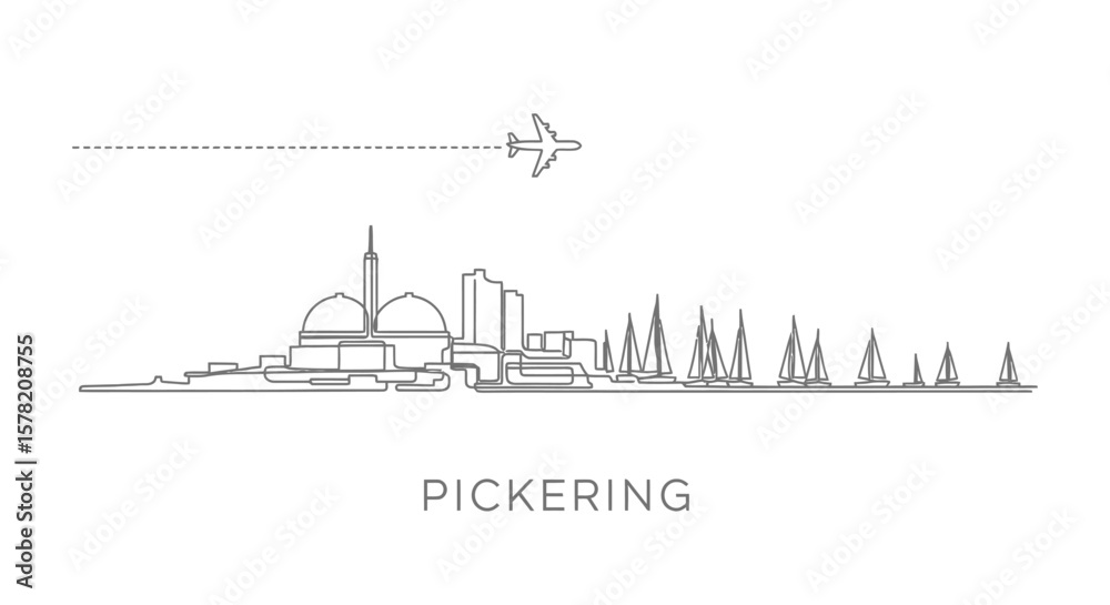Obraz premium Pickering skyline outline with airplane, Ontario, and Canada.