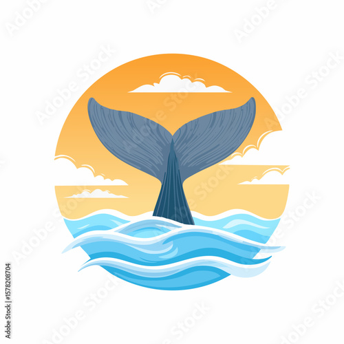 Whale Tail Rising from Ocean Waves at Sunset, Circular Graphic