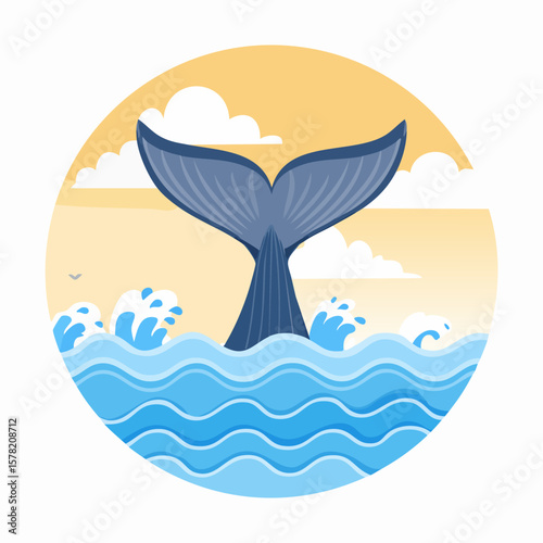 Stylized Whale Tail Plunging into Wavy Ocean with Cloudy Sky Backdrop