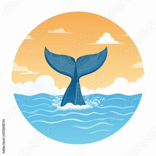 Whale Tail Emerging from Ocean Waves at Sunset