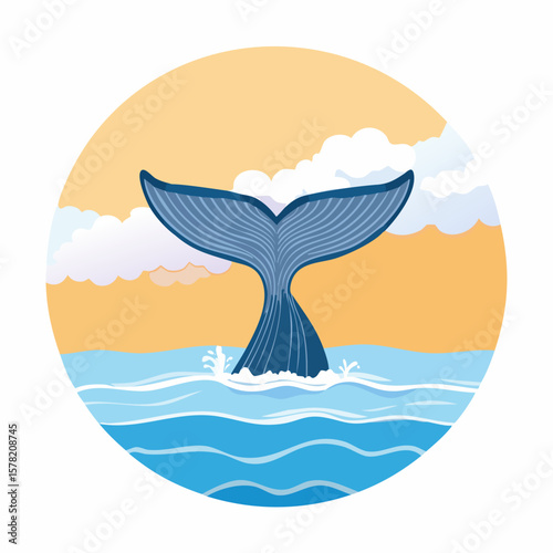 Whale Tail Emerging from Ocean Waters at Sunset with Cloud Accents
