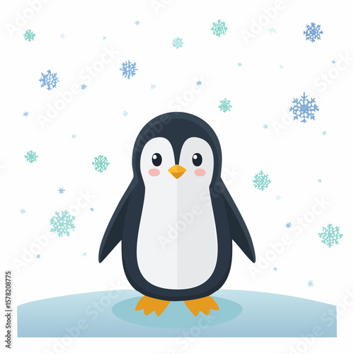 Cartoon Penguin with Pink Cheeks Standing on Ice with Falling Snowflakes
