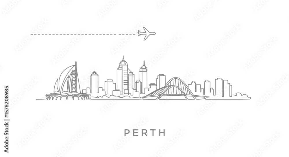 Naklejka premium Perth skyline Plane above city line art.