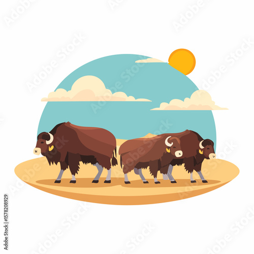 Two Brown Yaks Grazing Under a Sunny Sky