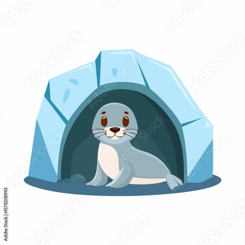 Cartoon seal resting inside a blue ice cave with a friendly expression