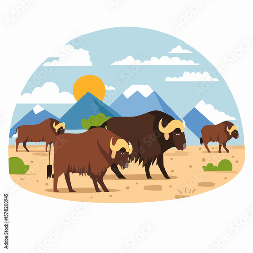 Cartoon Musk Oxen Herd Grazing in a Mountainous Landscape.