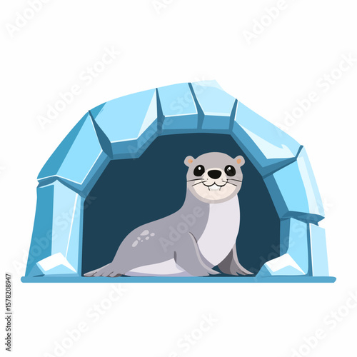 Cartoon seal with a cute smile resting inside an ice cave structure